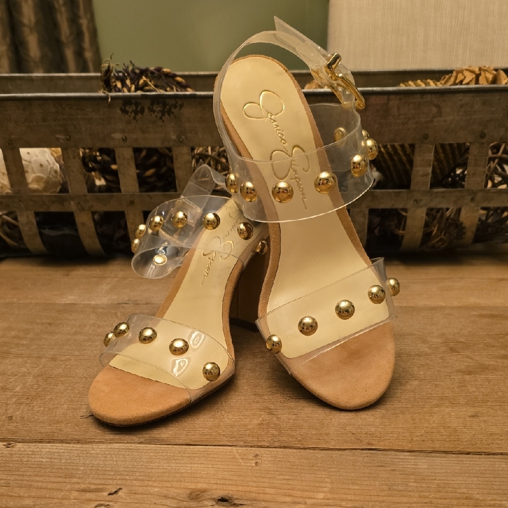 Jessica Simpson Gold and Tan Heels with Clear Straps